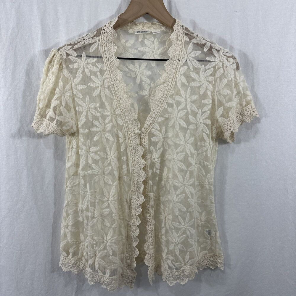 Cato Ivory Floral Lace Sheer Romantic Cottagecore Top Womens Sz M Coquette